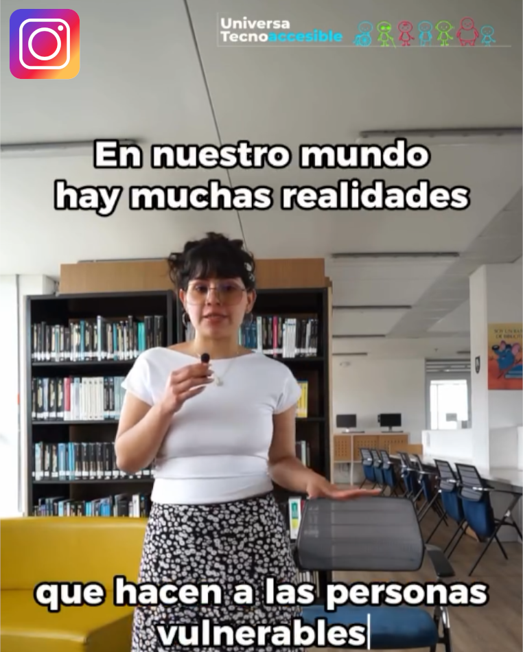 Captura pantalla de post en instagram con icono de instagram, clic para redirigir al reel de instagram, en la imagen se encuentra mujer joven en biblioteca de la Facultad Tecnológica
